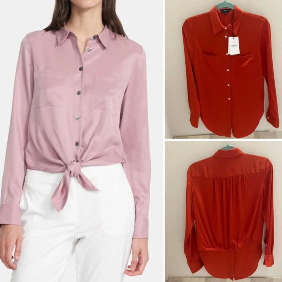 New! Theory Burnt Orange Button Down Blouse Tie Front Shirt nwt 27397 - Picture 1 of 13